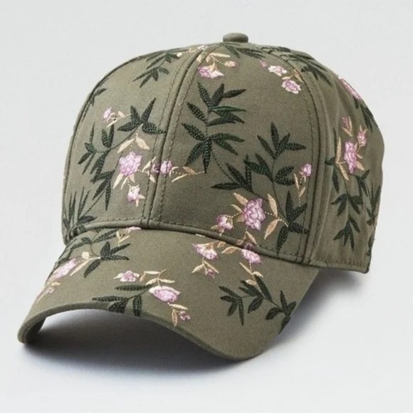 American Eagle Floral Embroidered Hat Green/Pink - Picture 1 of 5